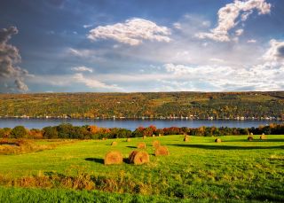 Fall field looking down hill to a blue skinny lake