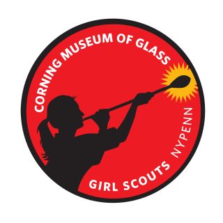 Round red patch design with a silhouette of a girl with a ponytail blowing glass
