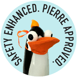 A cartoonish glass blown penguin wears an orange mask. Included text reads Safety Enhanced. Pierre Approved