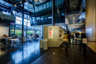 Entrance to the Museum Cafe with tables and seating on the left and the hot food servery on the right
